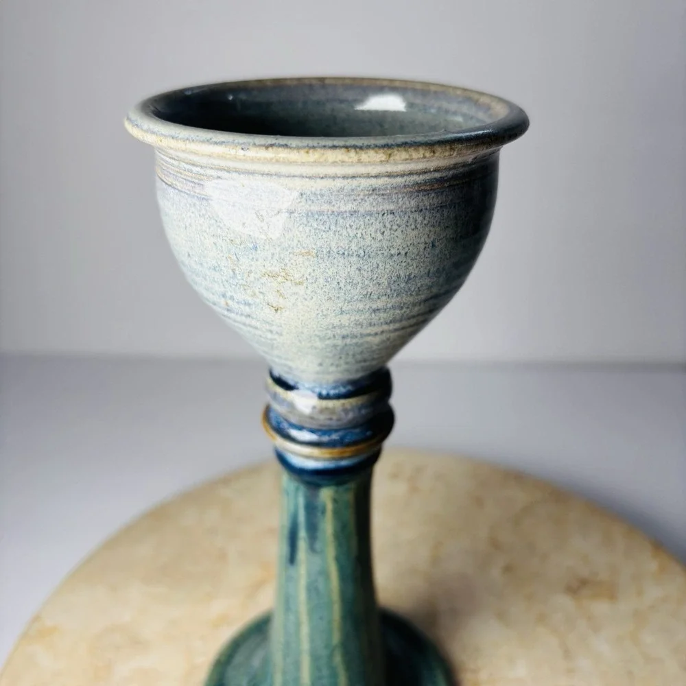 Handmade Pottery Candlestick Holder Blue Green Pillar Candles Goblet Style‎ Cup
